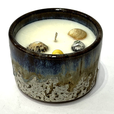 Speckled_Earth_Pottery, Candle, blue drip glazed ceramic pot with shells