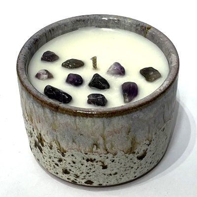 Speckled_Earth_Pottery Candle, Lilac drip glazed ceramic pot with amethyst stone chips