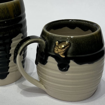 Bethan Watts, Small Bee Mug white earthenware with dark green glaze