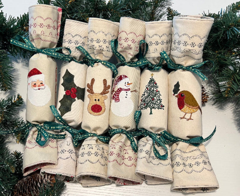 Luxury embroidered reusable Christmas Crackers made of linen and Cotton showing Robin, Tree, Rudolph, reindeer, Holly and Father Christmas, Santa